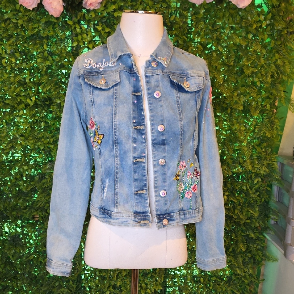 Justice Light Blue Jean Jacket with Embroidered Details